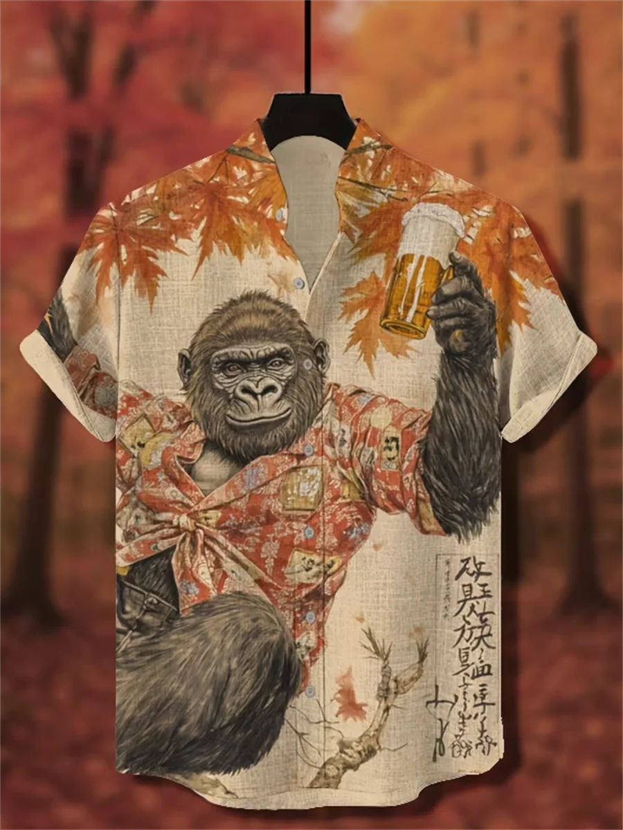

Summer men's short sleeved linen shirt, button design, digital printing, casual and comfortable, fashionable dressing