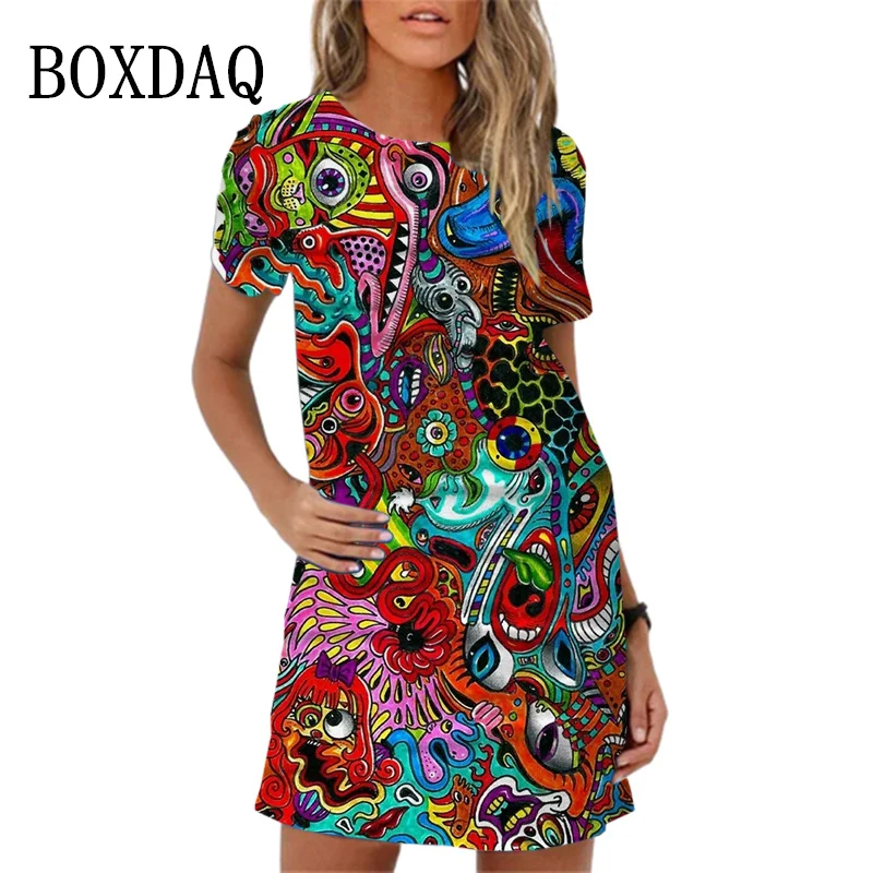 Vintage Abstract Landscape Fish Pattern Print Dress For Women Short Sleeve Clothing New 2024 Summer Dress Casual Mini Dress