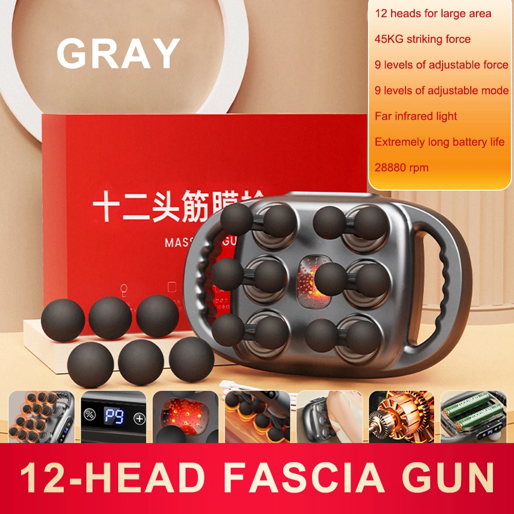 12 Heads Fascia Gun Red Light Deep Tissue Massage High Frequency Vibration Back Waist Muscle Relaxation Electric Massage Gun