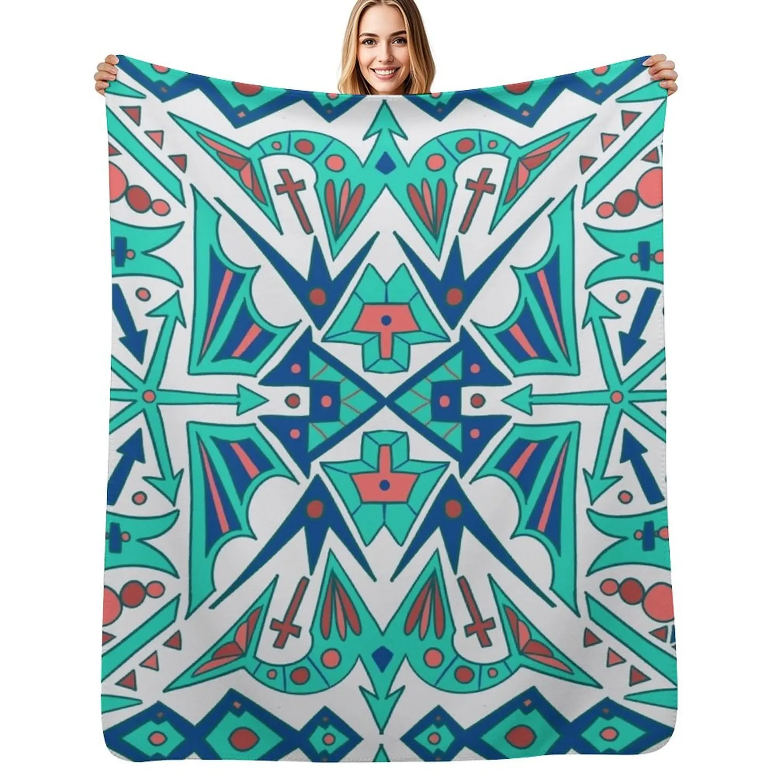 Turkish Inspired Tile Design #14 Throw Blanket Machine Washable Soft Warm Blanket