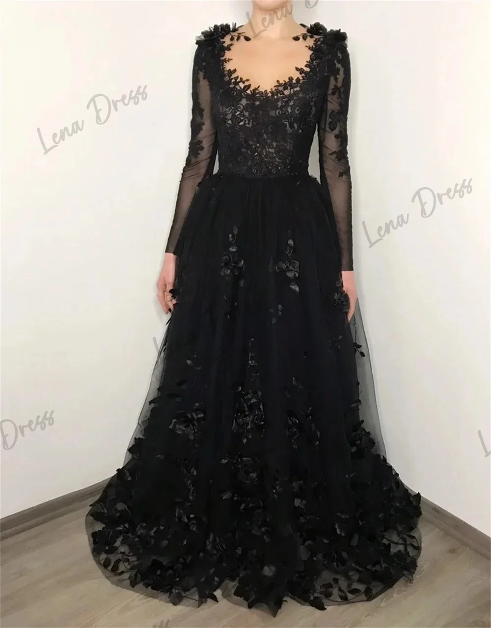 Lena Graduation Dresses for Formal Occasions Lace Embroidered Long Sleeve A Line Sexy Black 3D Flowers Serin Evening Dresses