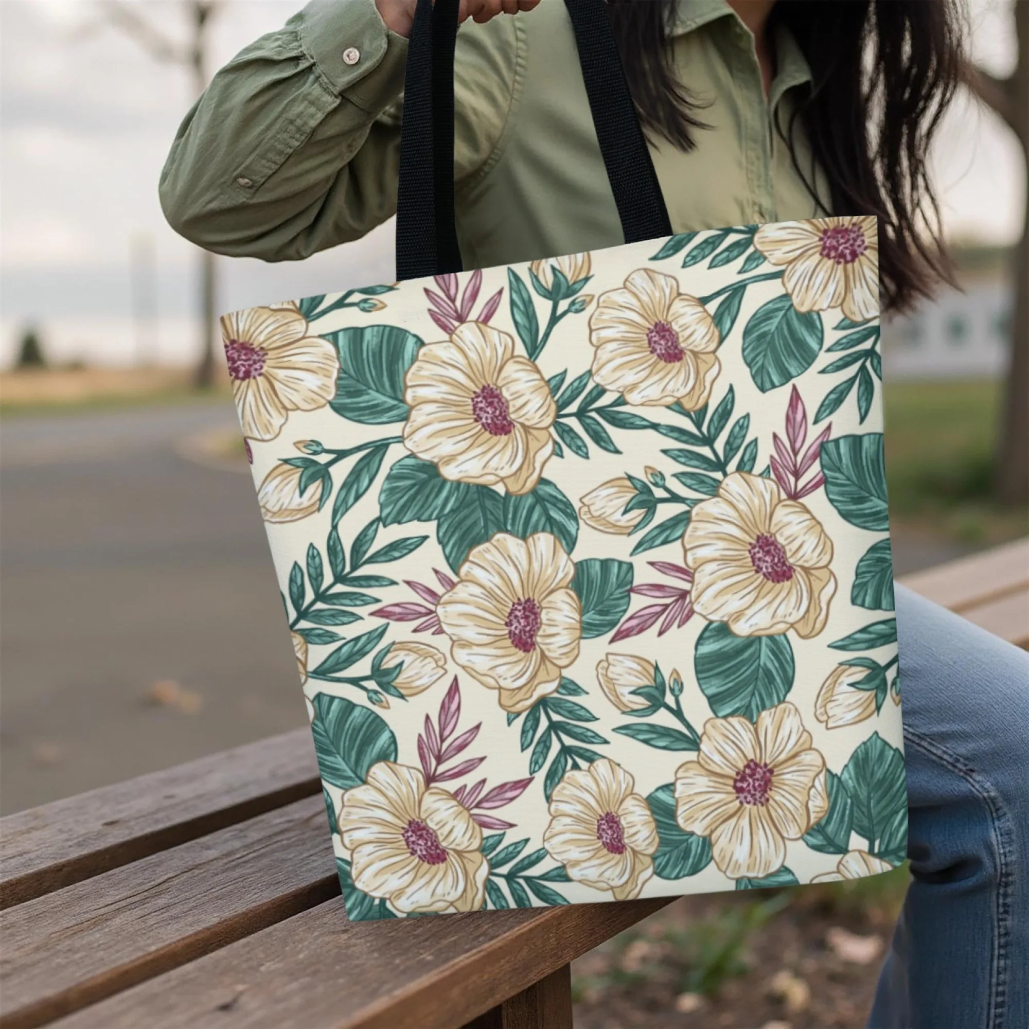 حقيبة كتف كاجوال كلاسيكية من القماش بنقشة الزهور باللون البيج النباتي حقيبة كتف للنساء حقيبة تسوق حقيبة يد متينة للعمل اليومي
