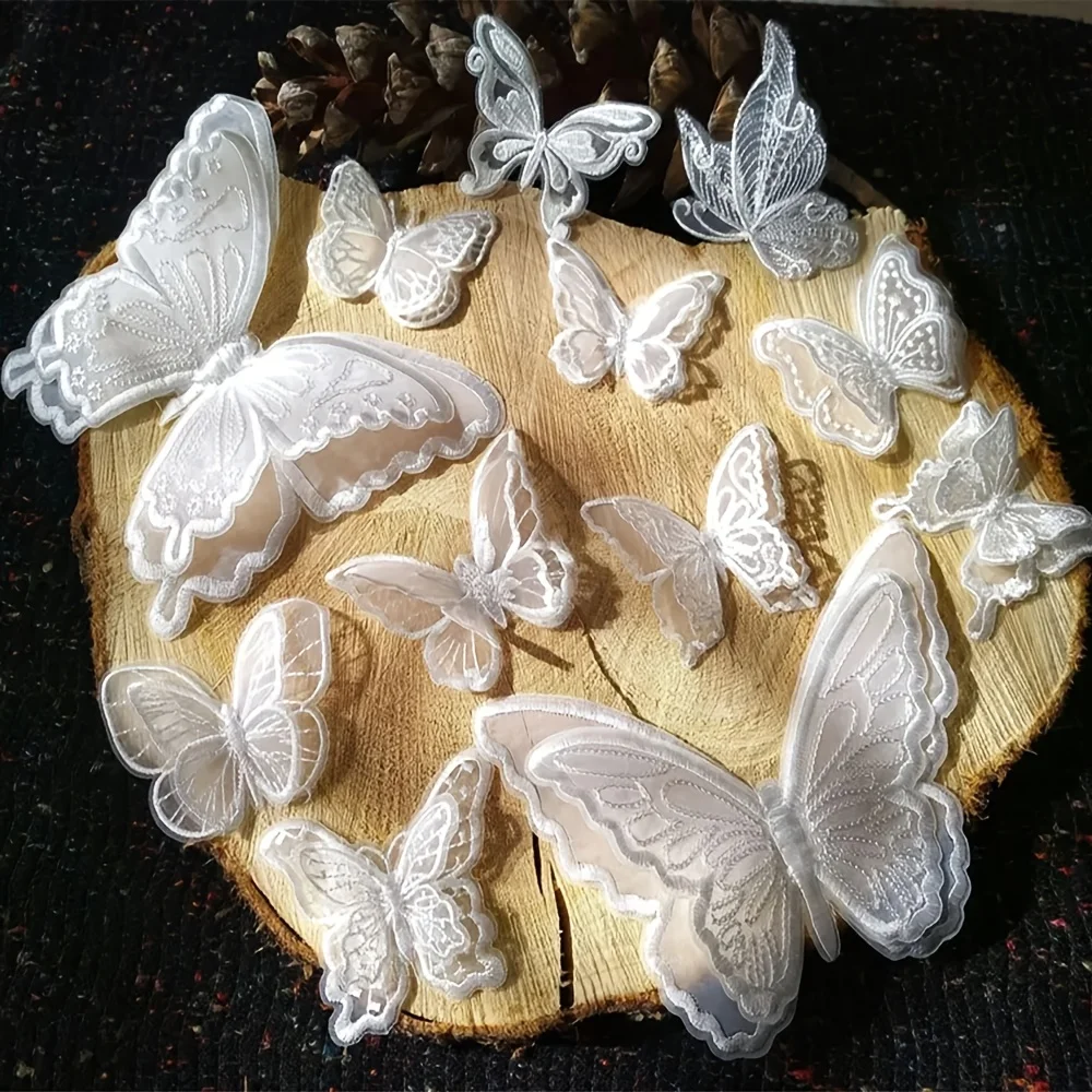 12 Stück weiße Spitzen-Schmetterlings-Stickerei-Aufnäher, vielseitige DIY-Dekorative Bügel-Aufnäher für Kleidung, Hochzeitskleider & Bastelarbeiten