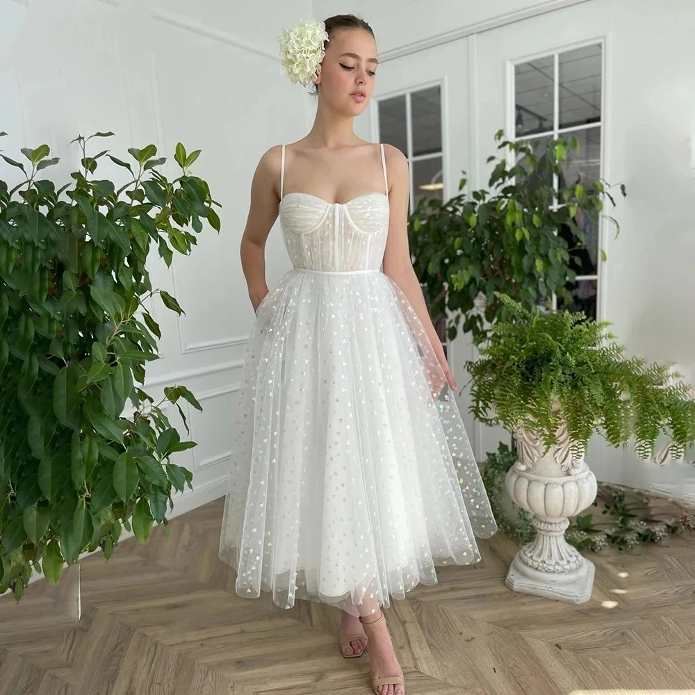 Robe De mariée courte en Tulle, ligne a, bretelles Spaghetti, longueur thé, robe De plage, robes De mariée