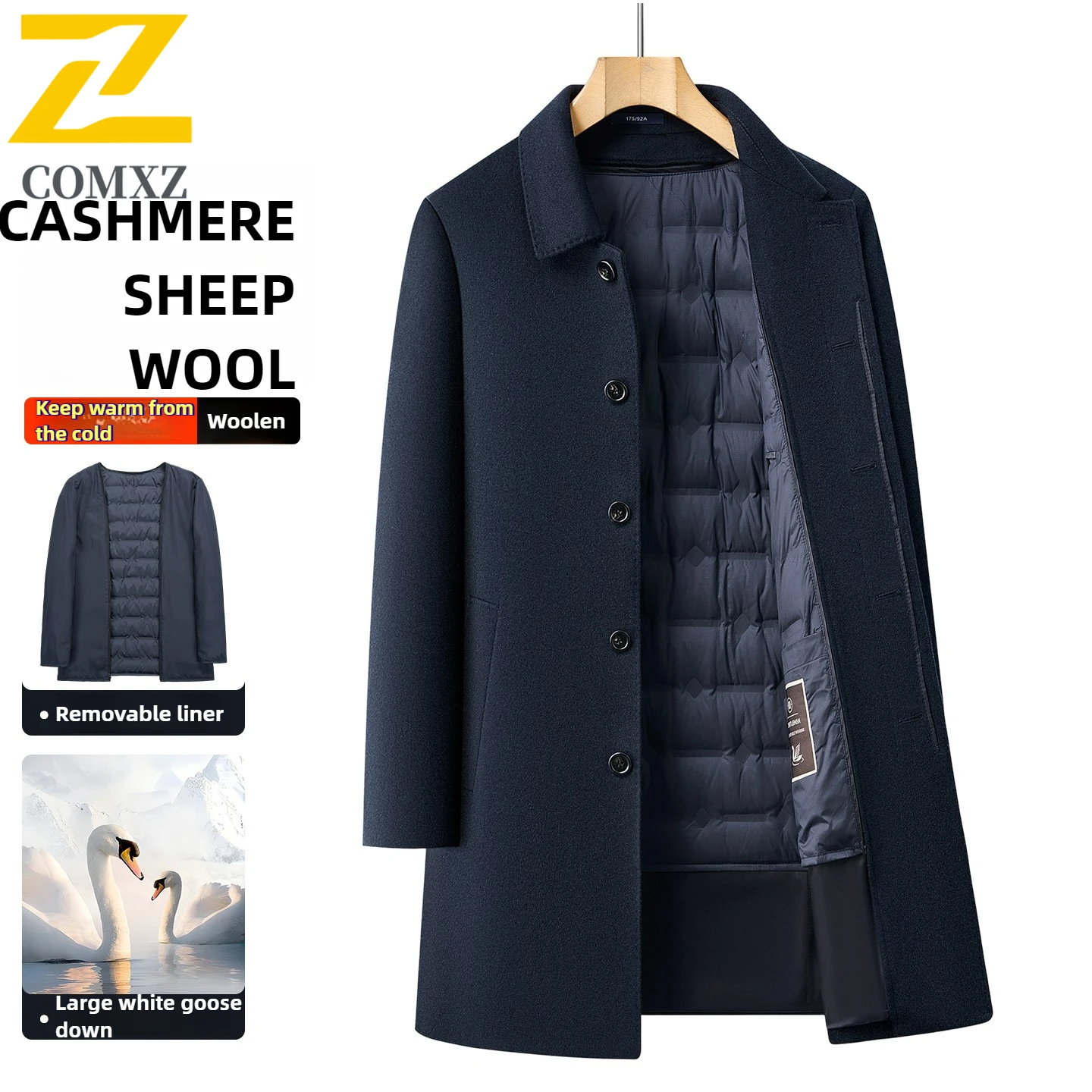 

Comxz шерстяное пальто высокого качества, мужское длинное зимнее новое роскошное брендовое теплое пальто на гусином пуху, корейское шерстяное пальто с лацканами, мужской плащ