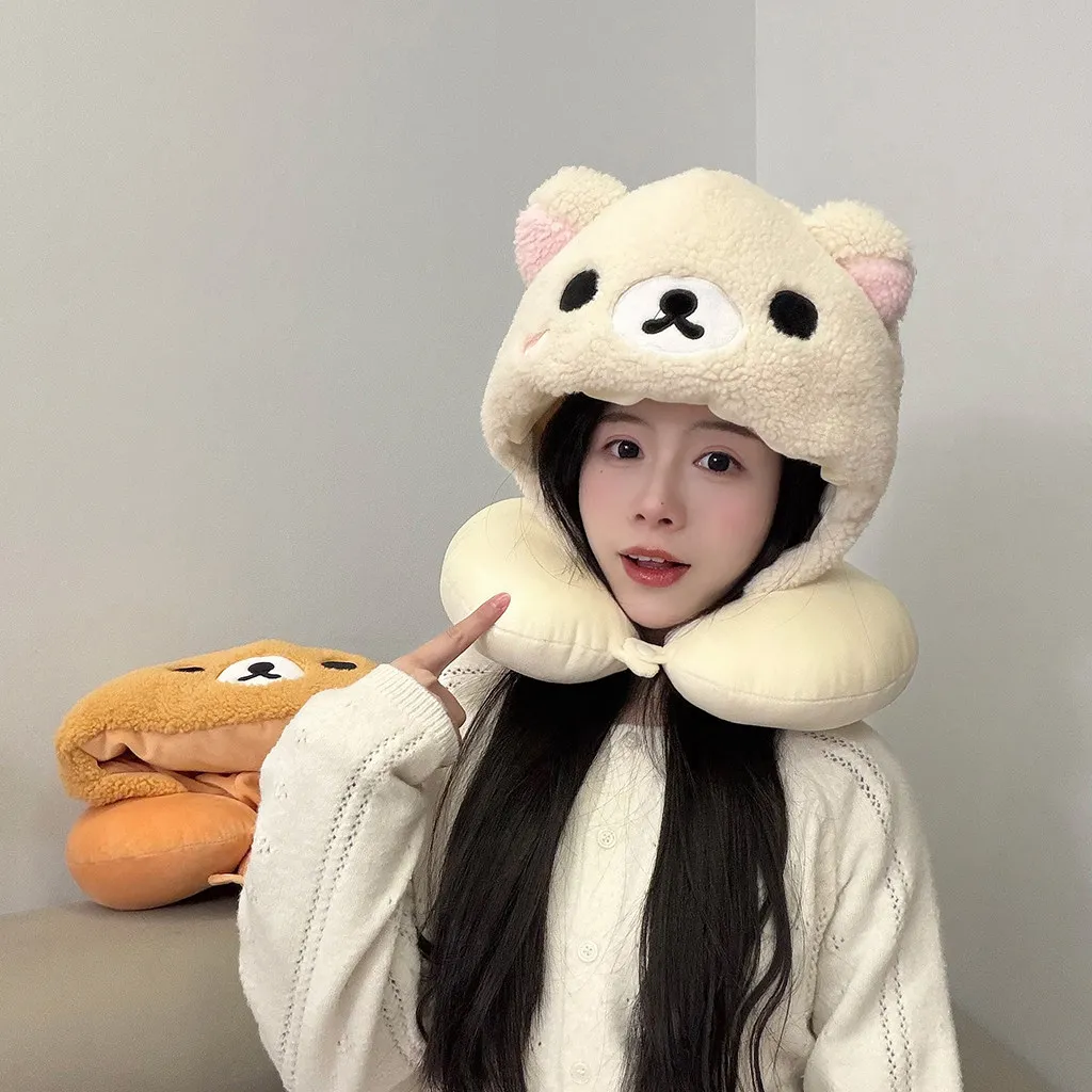 Adorable Rilakkuma Hooded Neck Pillow Soft Plush Bear U-Shaped Travel Pillow White Brown for Travel Office Warm Napping Girl