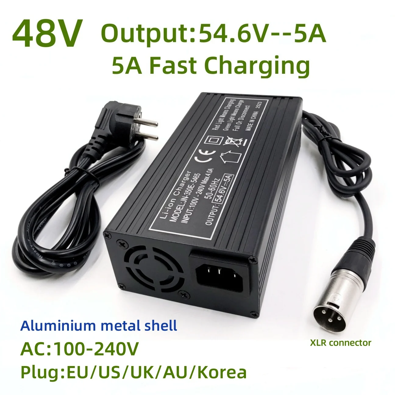 48V Fast Charger 54.6V 4A/5A for 13S 48V Lithium Battery Charger XLR Connector Strong with Fan Metal Shell