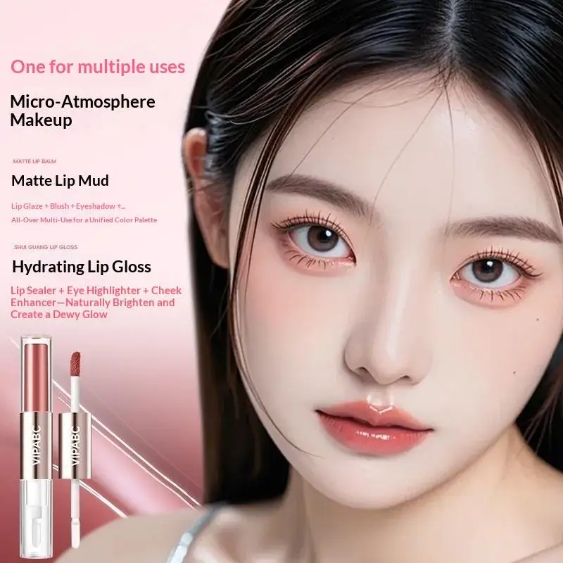 2 In 1 Double-End Matte Lip Gloss Transparent Moisturizing Lip Oil Glaze Shimmer Liquid Lipstick Glossy Mirror Shine