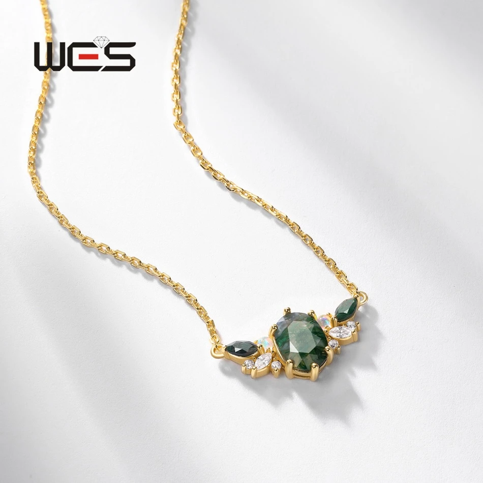 قلادة عقيق طحلب طبيعي من الفضة الإسترليني للنساء ، جناح ملاك ، مجوهرات فاخرة ، زيكرون كريستال ، مطلي بالذهب ، هدايا زفاف #4