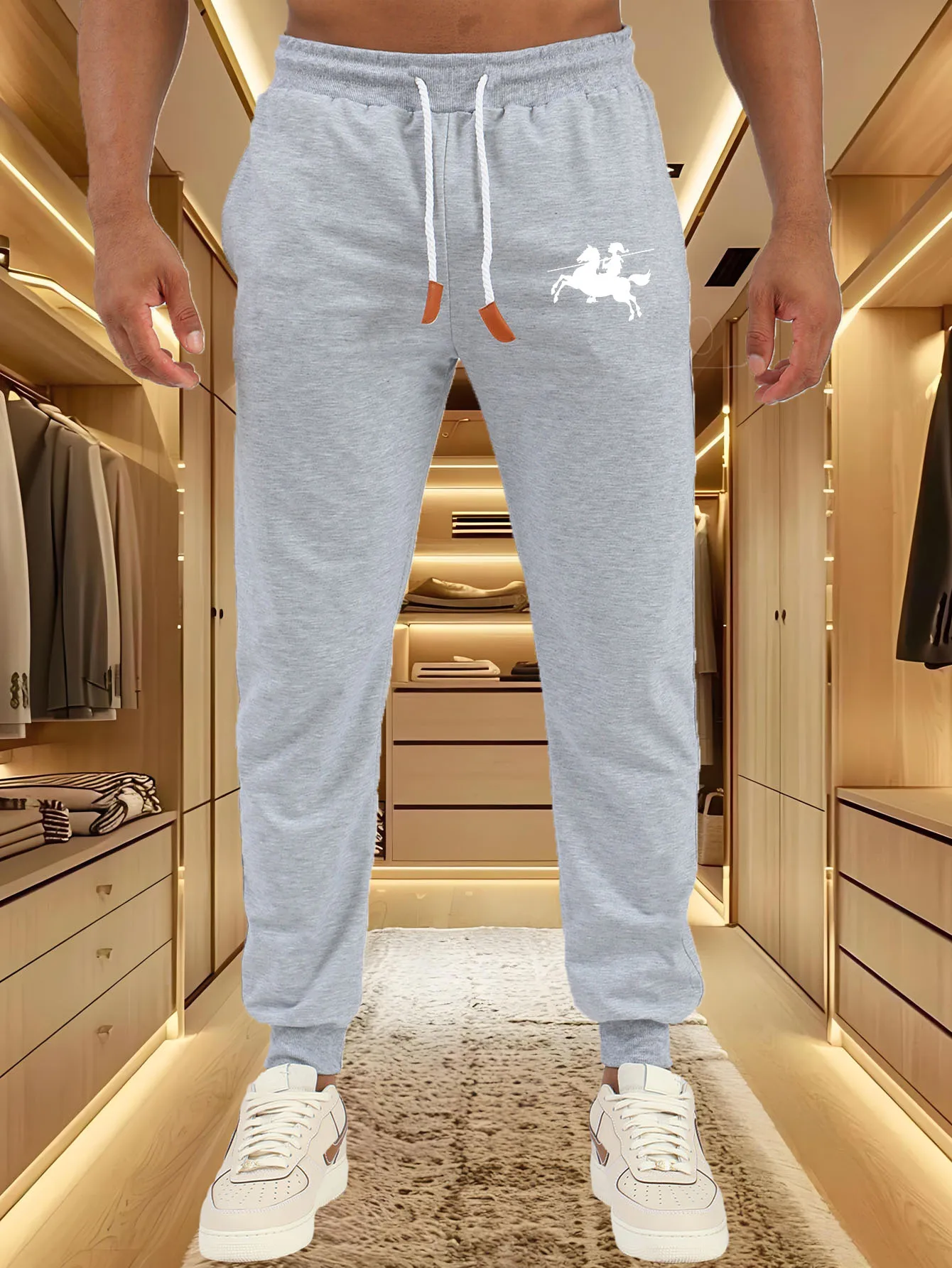 

Men Jogger Pants White Polo Horse Rider Silhouette Logo Print Elastic Waist Drawstring Sweatpants Men Casual Streetwear Sports T