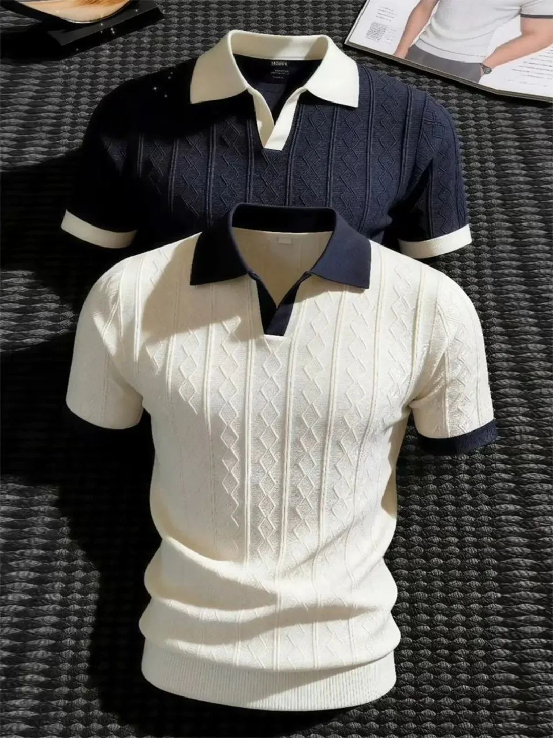 Light Blue  Shirt Knitted Short Sleeve Men Summer Luxury Casual Turn-down Collar Ice Silk Cool Feeling V-neck T-shirt