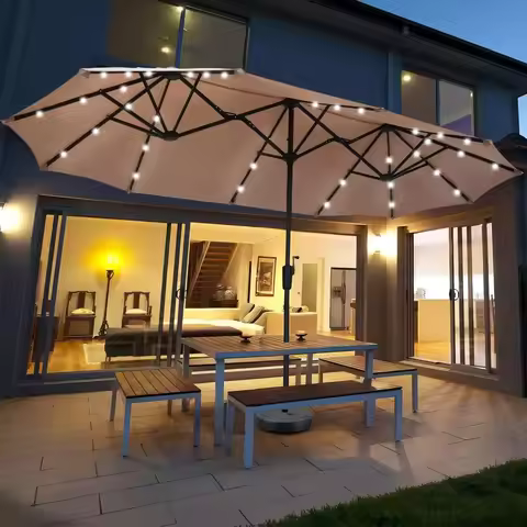 13ft Rectangular Patio Umbrella with 36 Solar LED Lights, Ultimate Sun Protection, Easy To Shake, for Deck, Garden, Khaki