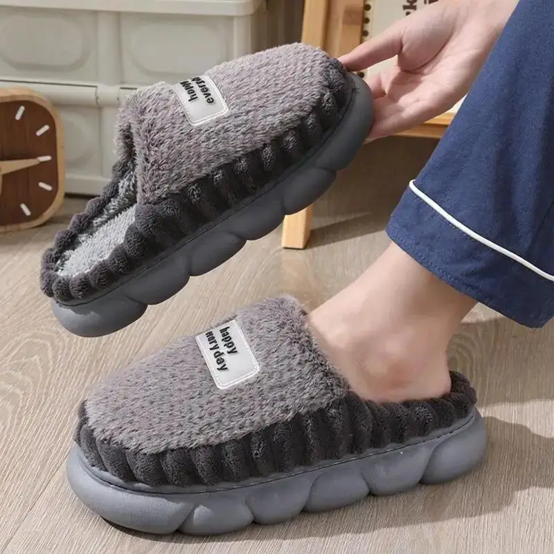 2026 Winter Thick Sole Furry Indoor Slippers for Man Warm Fuzzy Lined House Slippers Men Close Toe Non Slip Slides Shoes Size 47