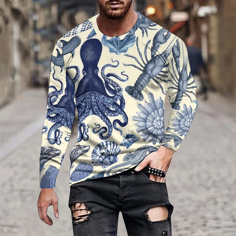 Funny Tentacles Pattern T-Shirt For Men Marine Animal 3D Printed T Shirts Autumn Casual Long Sleeves Loose O-Neck Tops Tees