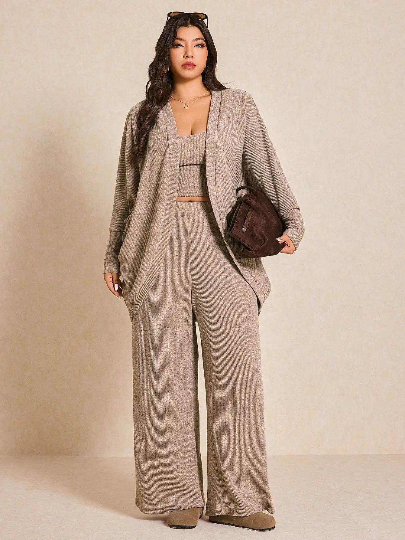 

Plus Size Women 3 Piece Set Casual Solid Batwing Sleeve Jacket Camisole Wide Leg Pants