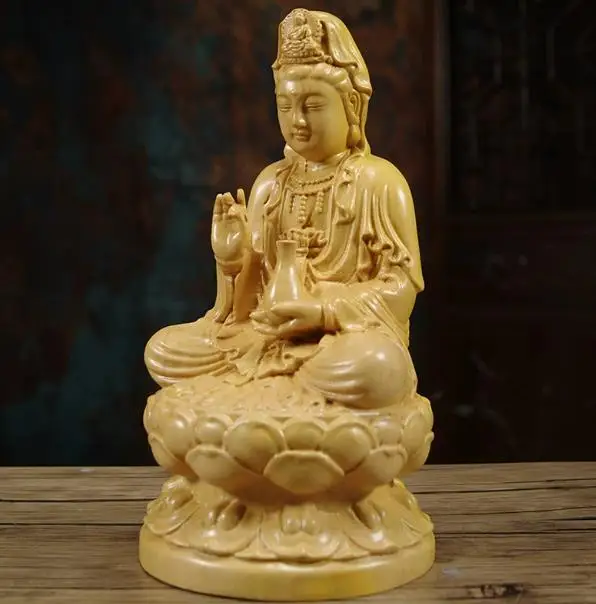Wood Carving Guanyin Bodhisattva Figurine Buddha Sculpture Lucky Crafts Avalokitesvara Statue for Home Living Room Decoration