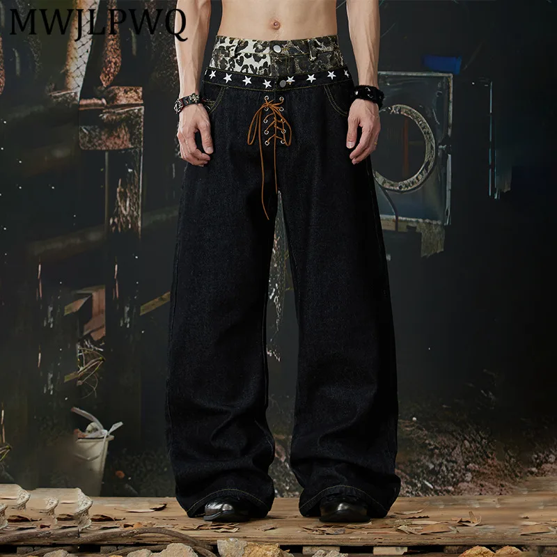 

MWJLPWQ Men's Dark Y2k Leopard Printed Jeans Patchwork Double Waist New Micro-Flare Curved Raw Denim Trousers For Men 13942