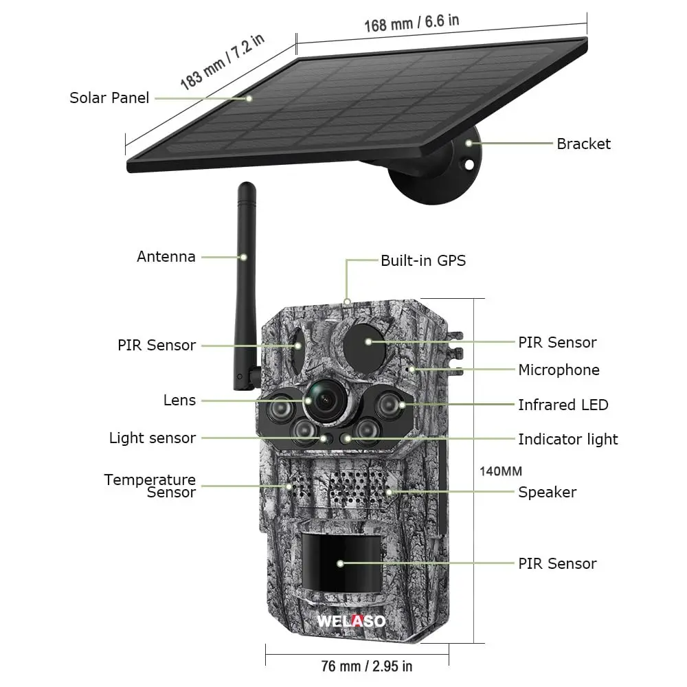 Solar Battery Hunting Trail Camera,Built-in GPS,Temperature Detection,PIR Motion,AI Animal Recognition,HD Night Vision,2-Way Tal