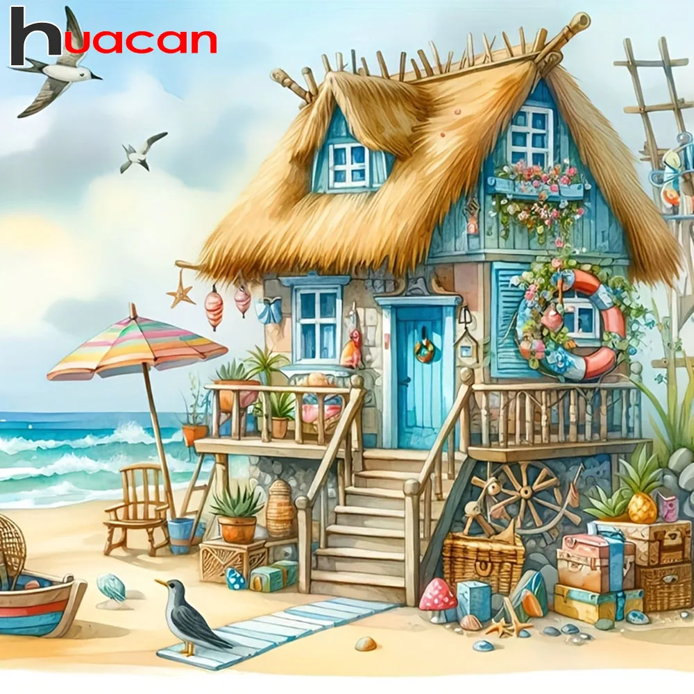 Huacan Diamantmalerei Hausbild Vollquadratisch Rund Stickerei Strass-Bild Meerblick Handgemachtes Geschenk