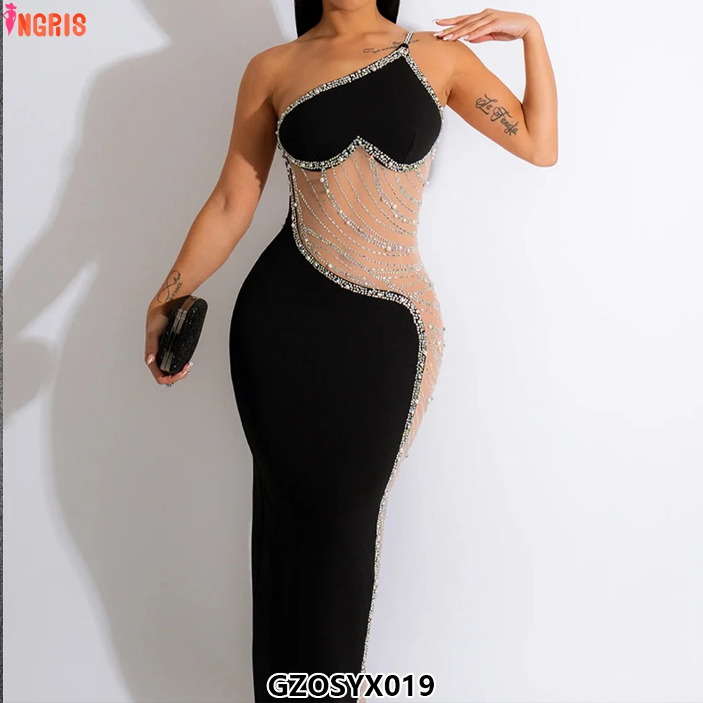 

2025 Sexy Women's Evening Dresses Rhinestones See-through Asymmetric Neckline Sleeveless Bodycon Dress-GZOSYX019