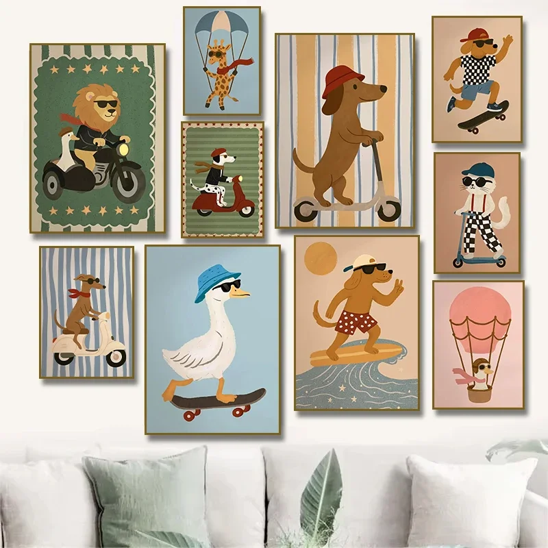 (2D Canvas painting) Cute Skateboard Dog Dachshund Duck Goose Hot Air Balloon Canvas Painting Prints Poster Cartoon Funny Ani