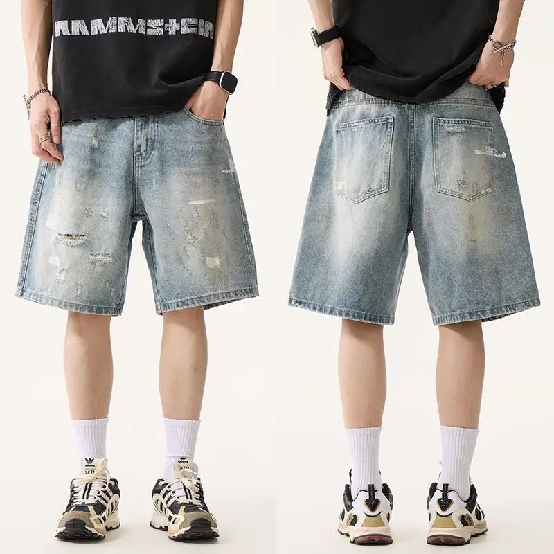 

Vintage American Streetwear Men's Dirty Wash Denim Shorts Distressed Ripped Loose Straight Fit Summer Casual Knee-Length Jeans