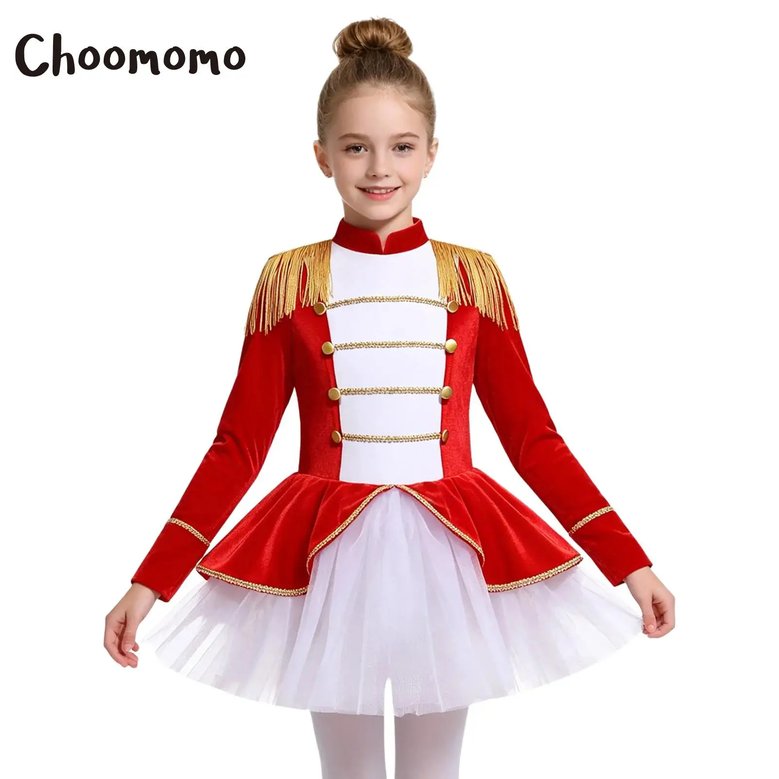 Kids Girls Circus Ringmaster Costume Long Sleeve Tassel Epaulet Mesh Tutu Leotard Dress Ballet Jersey Cosplay Showman Dress Up