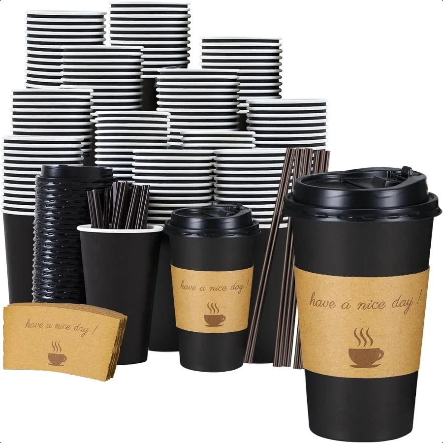 

16 OZ Coffee Cups 50 Pack 16 Ounce To Go Cups with Lids Stir Sticks and Sleeves 16 Ounce Coffee Cup 16 OZ Black Hot Paper Cup
