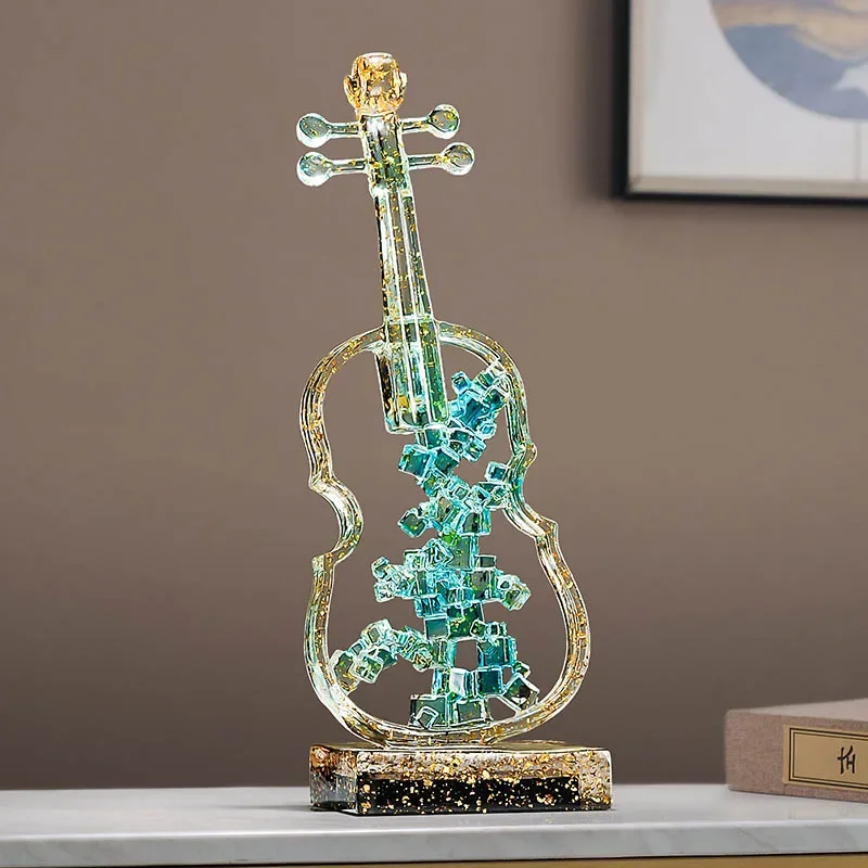 U2  Resin Handicrafts Hollowed-out Crystal Transparent Violin Musical Instrument Statue Geometric Square Cello Home Decoration