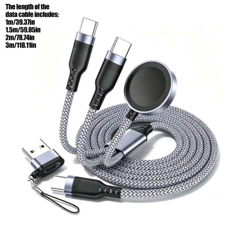 3-in-1 Charging Cable with Two Type C Ends, Wireless Watch Charging Pad, and Simultaneous Charging for Several Devices W8KE