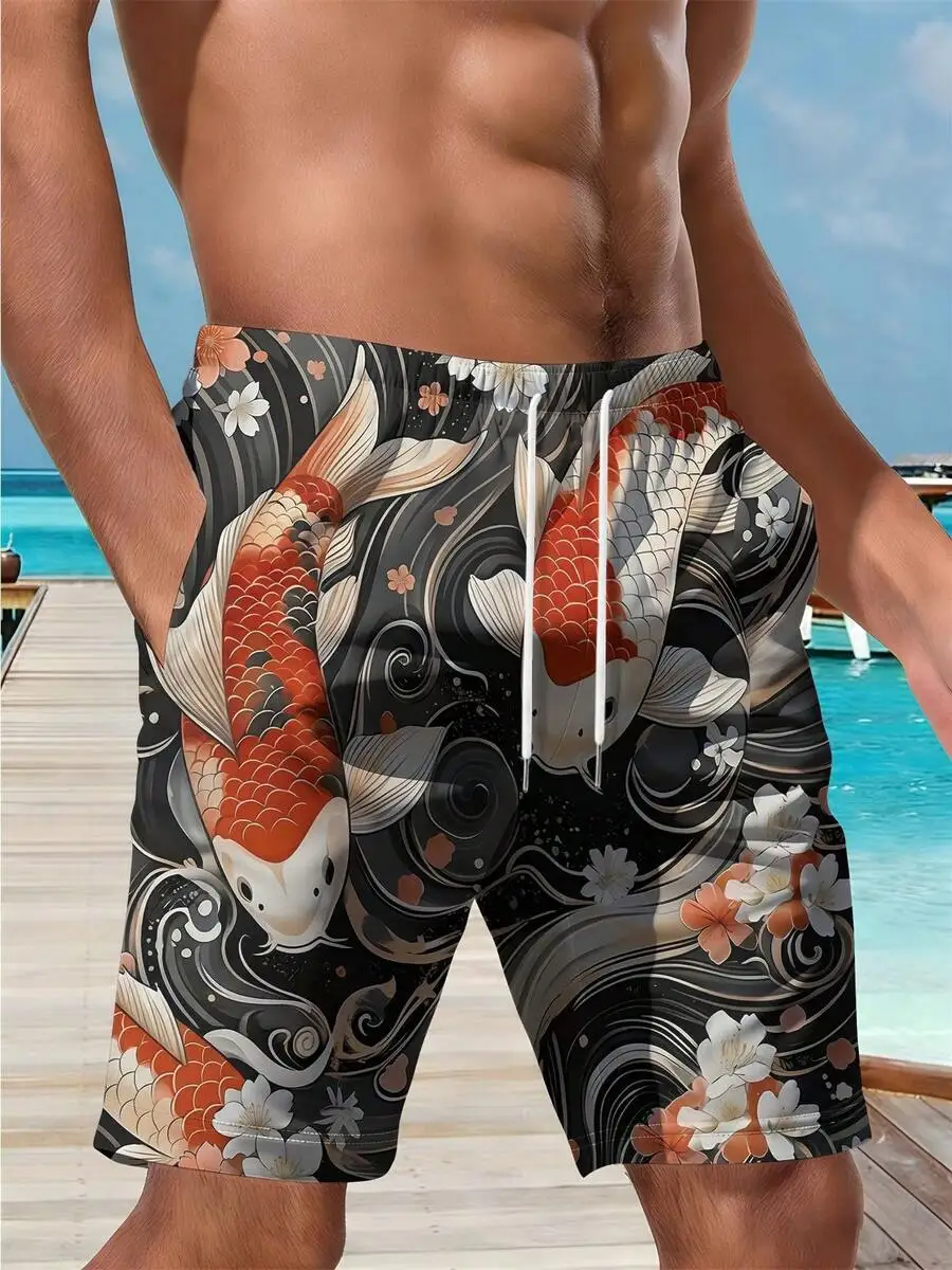 

Japanese Koi Fish And Floral Print Mens Casual Beach Shorts Summer Wear