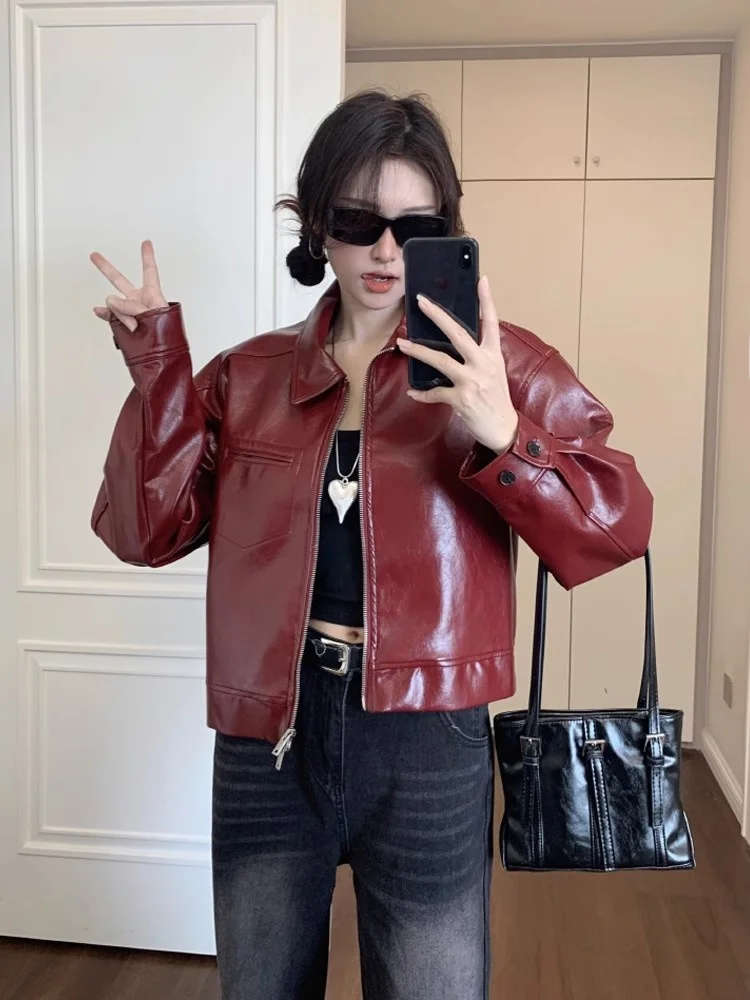 سترة نسائية من الجلد الأحمر بتصميم أمريكي عتيق، سترة قصيرة لراكبي الدراجات النارية، تصميم عالي، مقاس صغير، مادة البولي يوريثا... #2