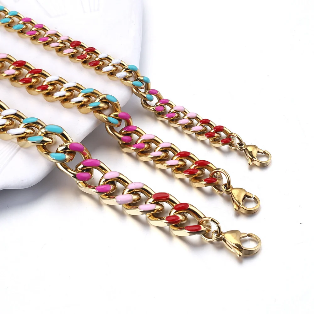 Multicolor Enamel Necklace Cuban Chain Bracelet for Men Women, Basic Punk Stainless Steel Curb Link Chain Chokers Morocco choker