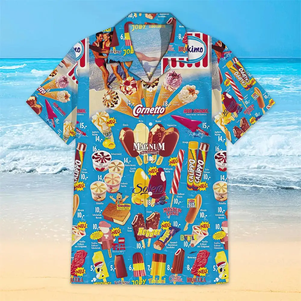 Summer Men\'s Shirt Casual Short Sleeve Ice Cream Pattern Print 3d Hawaii Shirt Male Oversize Clothing Beach Trip Spanish Shirts