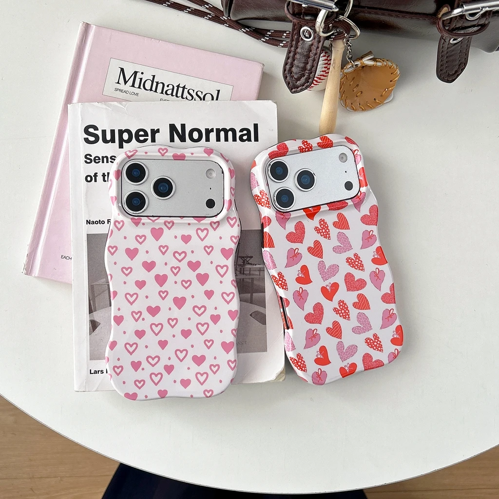 2in1 süße süße rosa unregelmäßige Liebe Herz Muster gewellte Grenze stoßfest Telefon Abdeckung Fall für iPhone 17 16 15 14 13 Pro Max