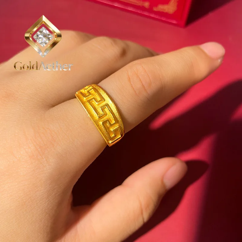 

GoldNouveau Luxury 24K 9999 Pure Gold real gold Men's and Women's Six-character True Words Xiangyun Opening Adjustable Ring