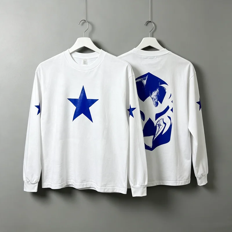 Kanye LS-03 07.04 Long Sleeve T Shirt Blue Red Five-pointed Star Mask Print Men Women High Quality Loose Cotton T-shirt Tops Tee
