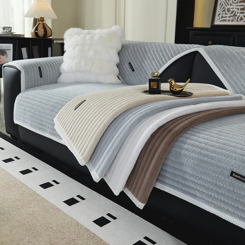 

Winter Plush Sofa Cushion Thicken Non-Slip Couch Seat Pad Anti-Cat Scratch Stripe Sofa Cover Dustproof Light Luxury Sofa Cushion