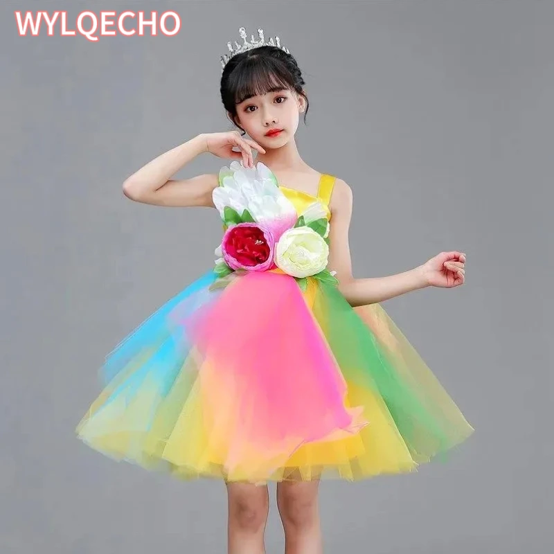 

Colorful Flowers Salsa Dance Dress for Girls Sexy Modern Dance Costume for Ggirls Dance Wear Childrens Kids Competition