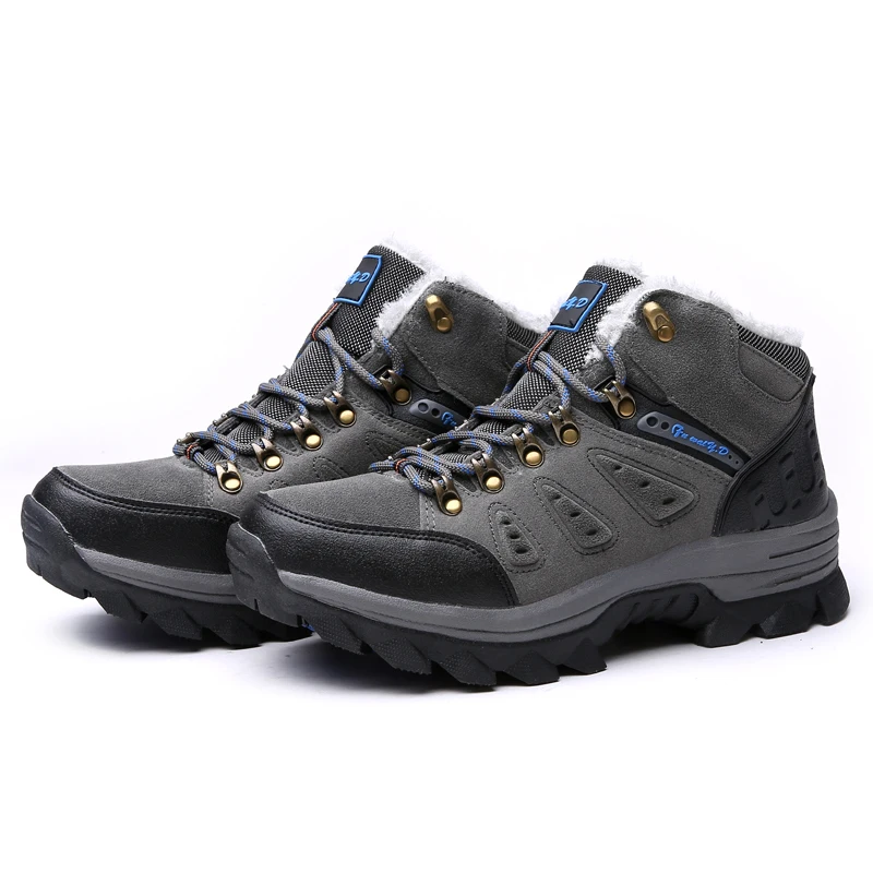 Outdoor Men's Cotton Shoes Winter Fleece Lined High Top Couple Mountain Climbing Shoes Large Size Rubber Sole Casual Sports Shoe