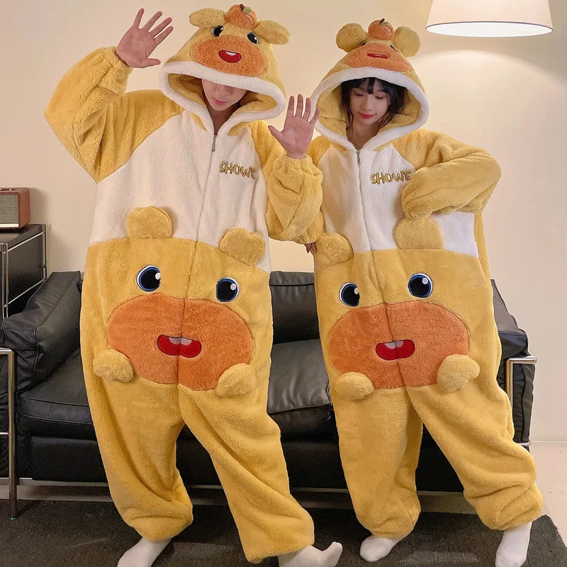 New Stitch Jumpsuit Couple Pajamas Women'S Coral Fleece Thickened Autumn And Winter Zipper Cartoon Home Clothes Warm And Comfort