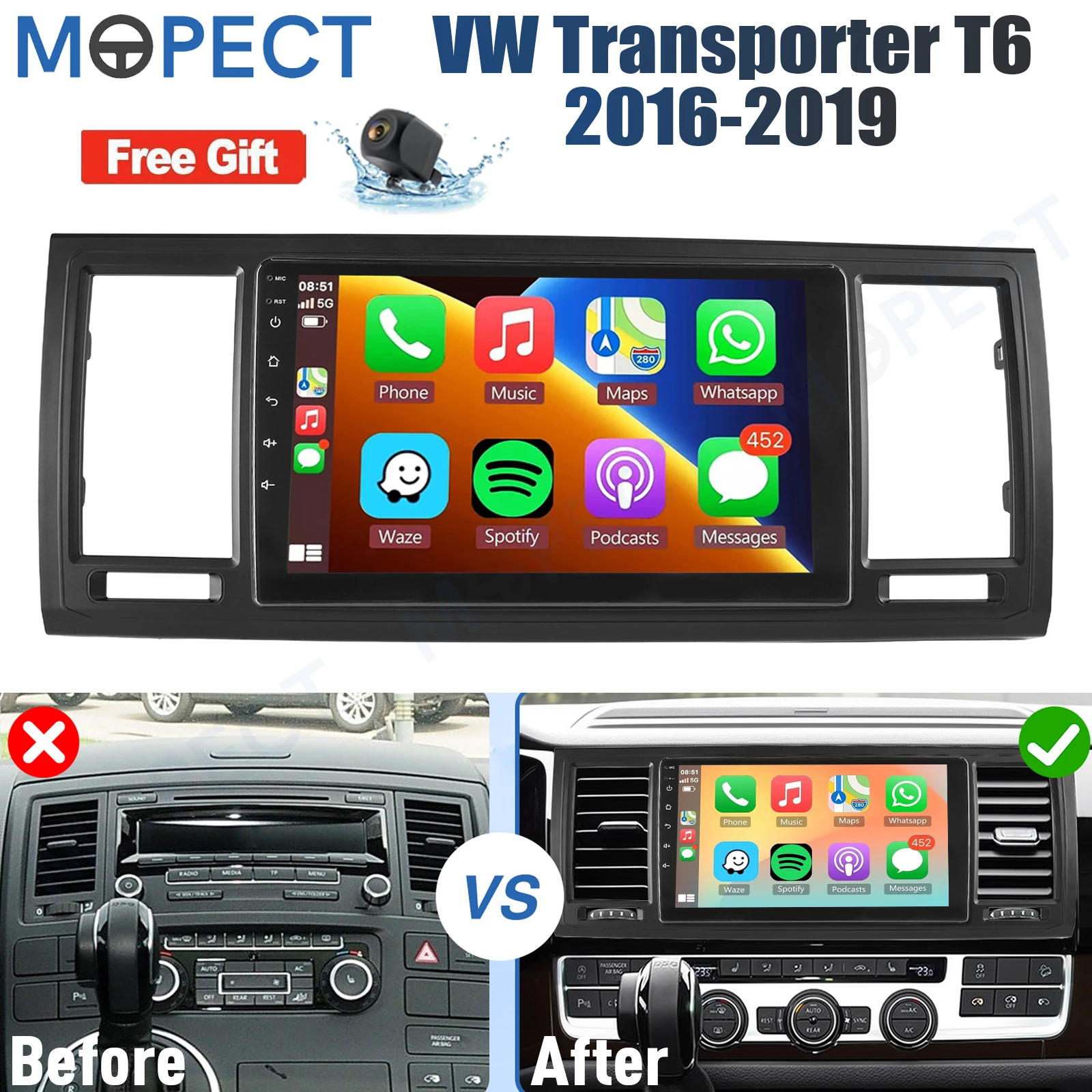 MOPECT 9" Android 15 Carplay autoradio voor VW Transporter T6 2016-2019 met 4G+64G GPS navigatie, Bluetooth, FM/AM/RDS+DAB&DVR&camera