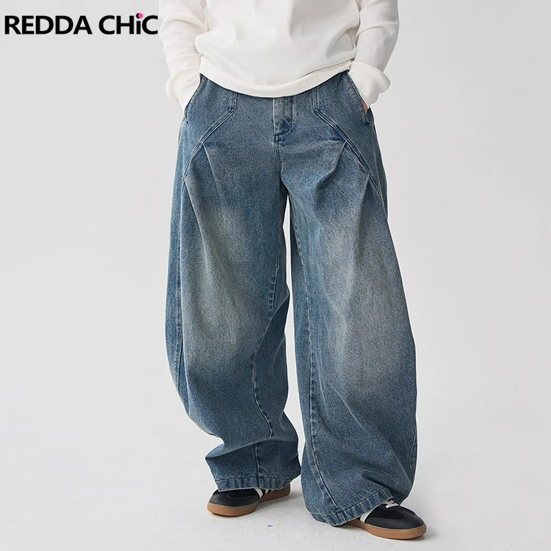 

REDDACHiC Pleat Deconstructed Barrel Jeans Women Men Solid Loose Fit Wide Leg Low Rise Casual Pants Boyfriend Vintage Streetwear