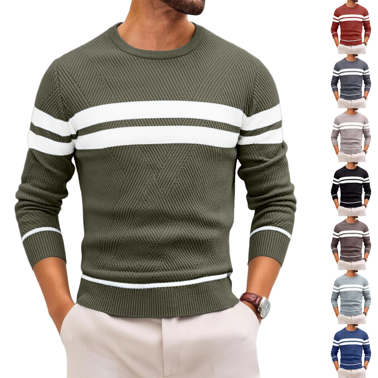 

Striped Knitted Pullover Slim Fit Lightweight Neck Long Sleeve Jumper Sweaters Winter Men'S Casual Sweater