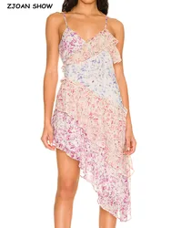 Holiday Contrast Color Flower Print Sling Dress Women Spliced Cascade Ruffles Hem Oblique Midi Long Robe Vocation Vestido