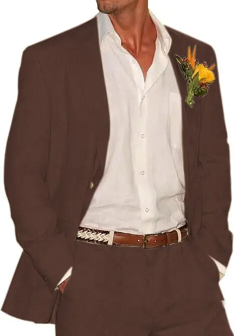 Men 2 Piece Linen Suit Groomsmen Summer Wedding Tuxedos Blazer+Pants
