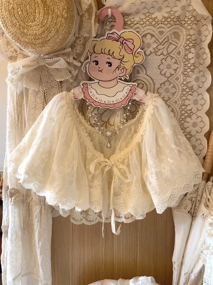 

Sweet Embroidered Lace Double Layer Cotton Doll Collar Bow Tie Lolita Fake Collar Korean Sle Straight Cut Hollow out ort ...