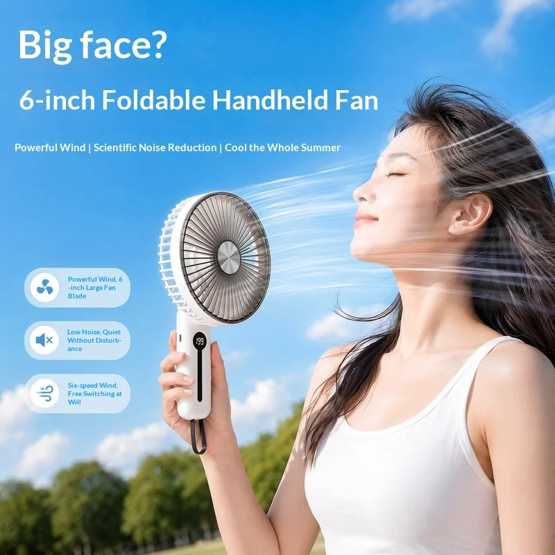 New Foldable Handheld Fan 6 Inch Digital Display Desktop 6 Speeds 2400Mah Rechargeable Abs Pp Material For Outdoor Travel Office