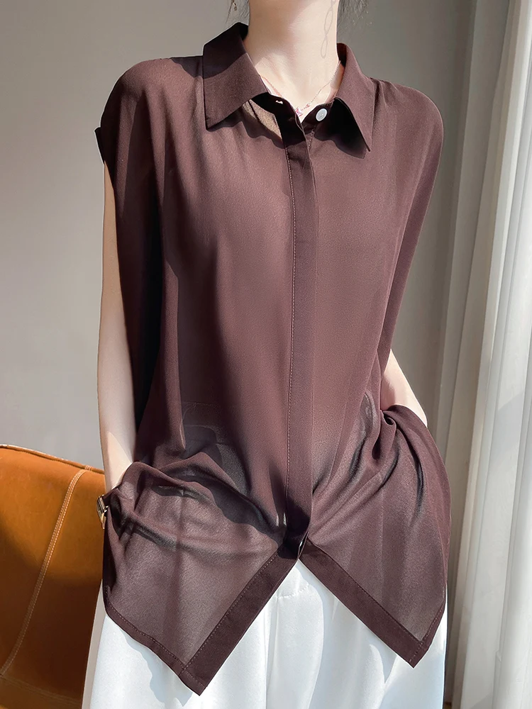 

Simple Translucent Sleeveless Shirt for Women in Spring Summer, Ladies Polo collar Lace Up Chiffon Cardigan Thin T-shirt