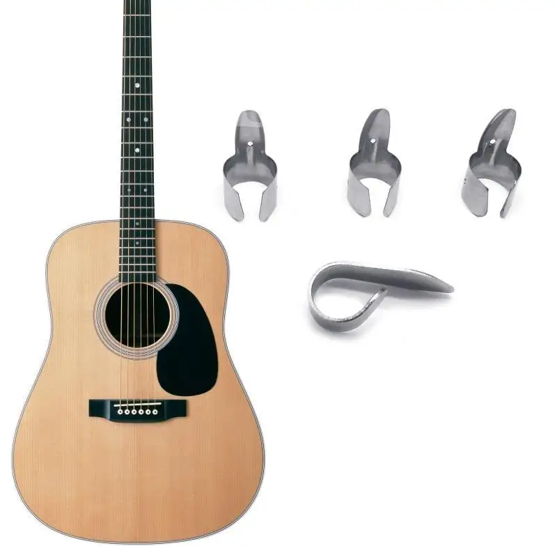 652F 4x Guitar Thumb Finger Picks Adjustable Stainless Fingertips Protector Plectrums